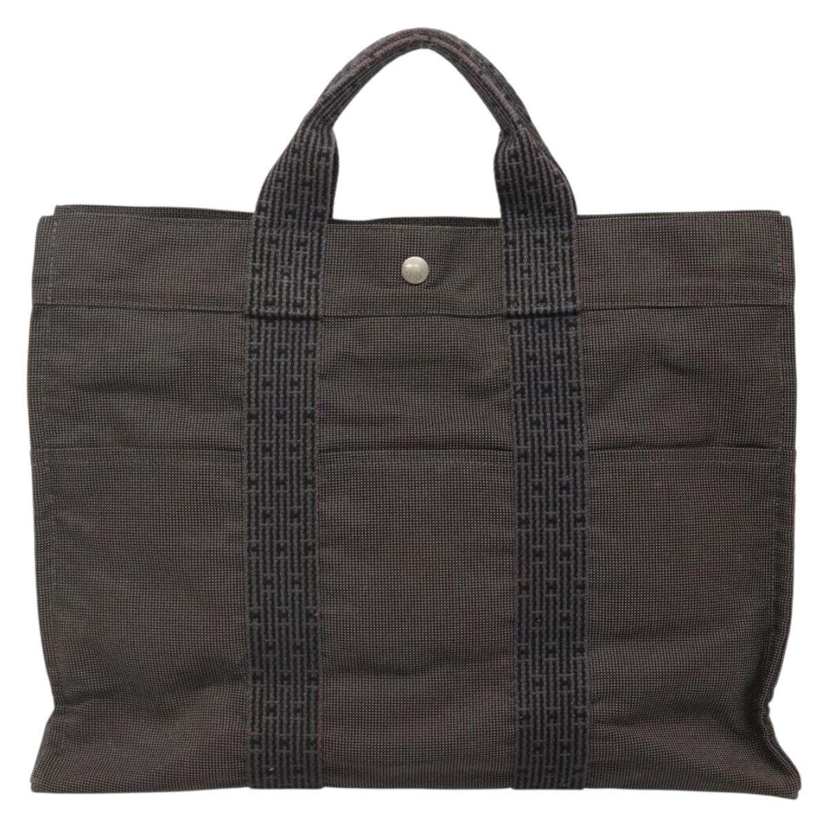 HERMES Her Line MM Hand Bag Canvas Gray Silver Auth 141483
