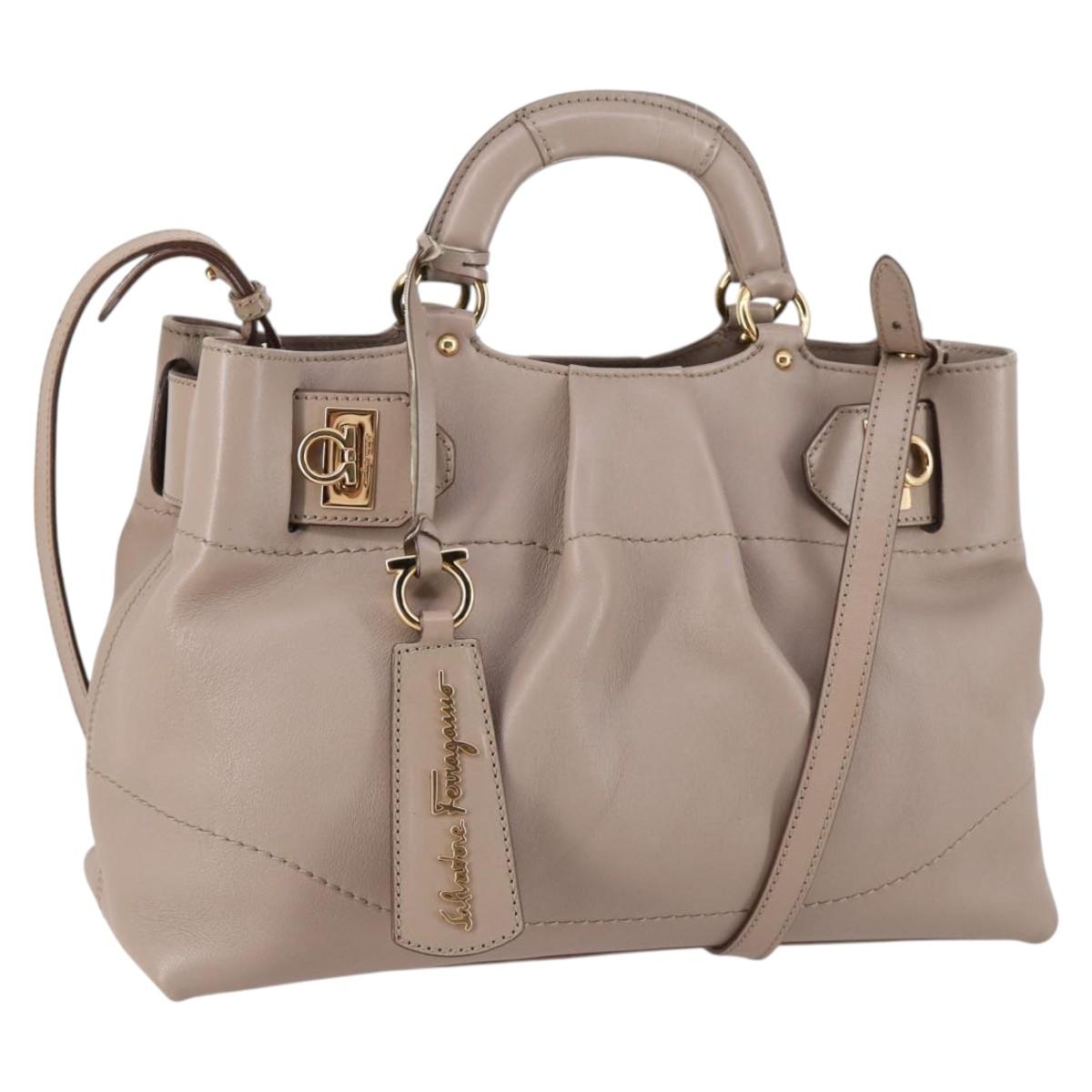 Salvatore Ferragamo Gancini Hand Bag Leather 2way Gray Gold Auth 141484