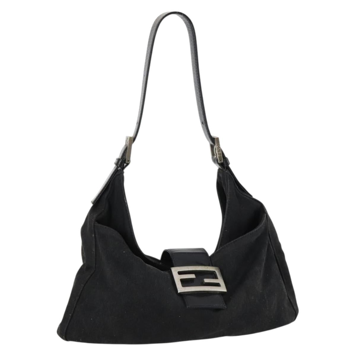 FENDI Mamma Baguette Shoulder Bag Cotton Black Silver Auth 141493