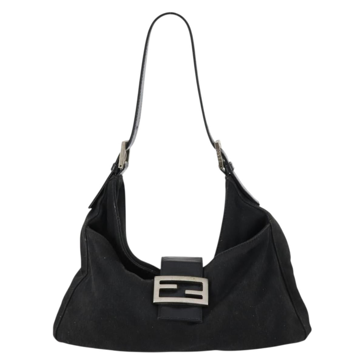 FENDI Mamma Baguette Shoulder Bag Cotton Black Silver Auth 141493