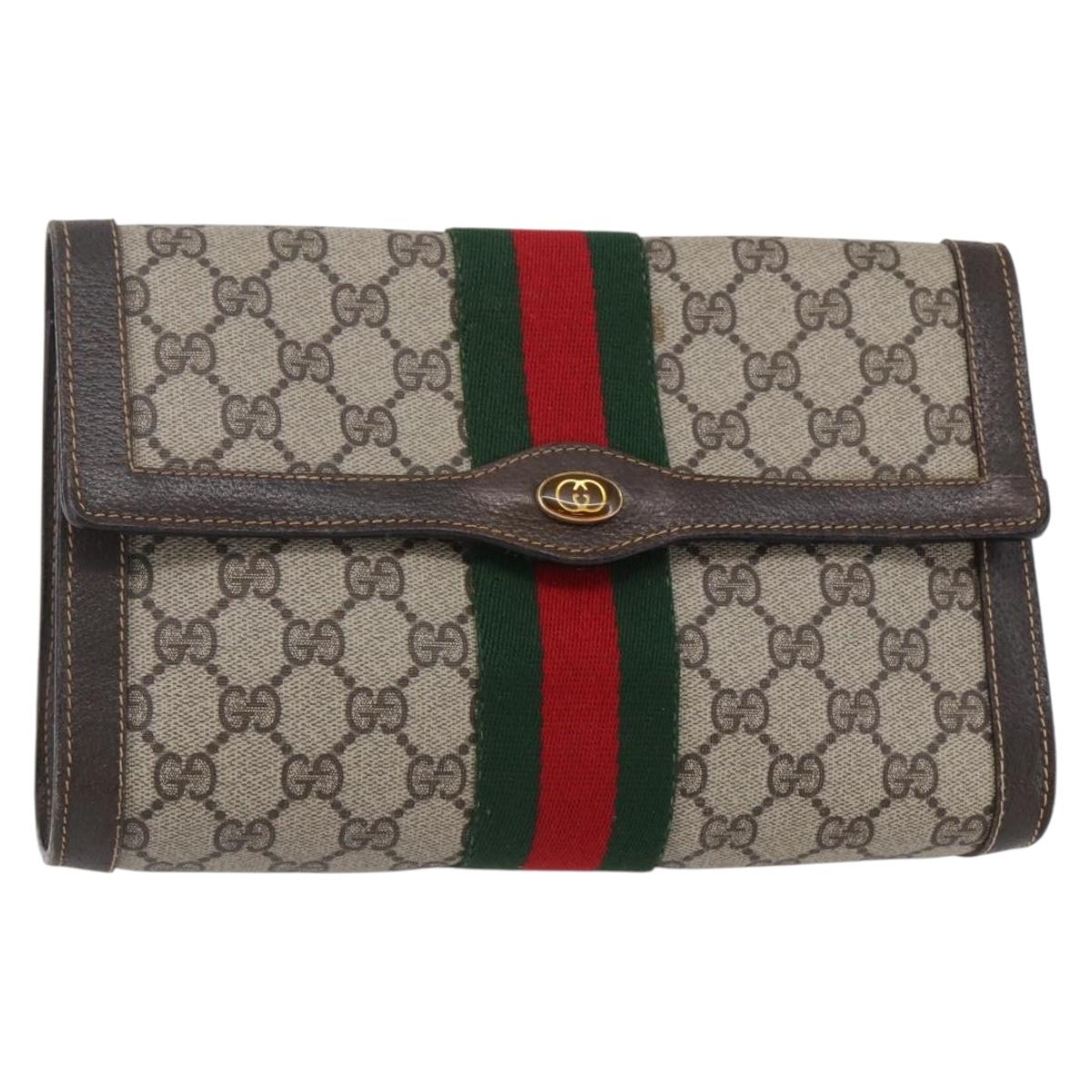 GUCCI GG Supreme Web Sherry Line Clutch Bag PVC Beige Gold Auth 141498