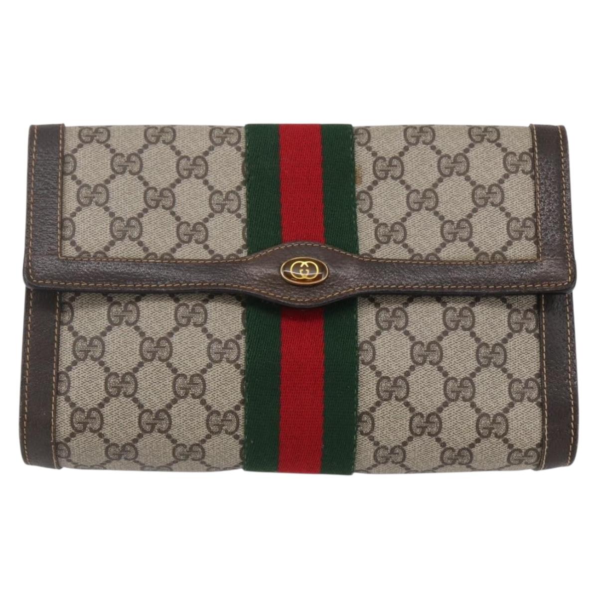 GUCCI GG Supreme Web Sherry Line Clutch Bag PVC Beige Gold Auth 141498