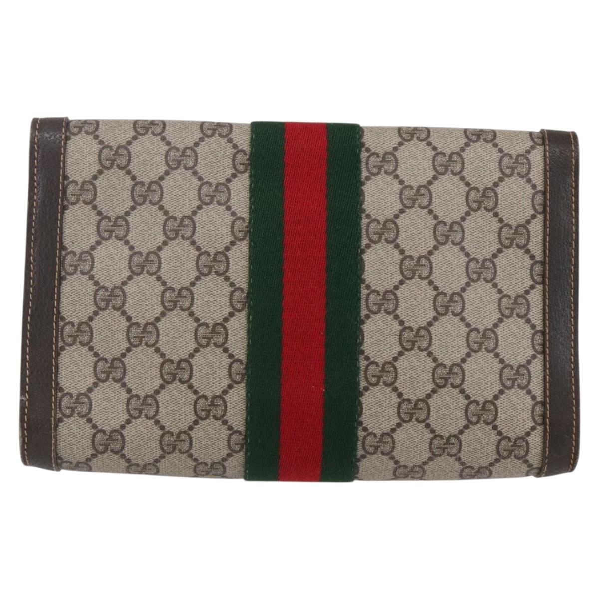 GUCCI GG Supreme Web Sherry Line Clutch Bag PVC Beige Gold Auth 141498