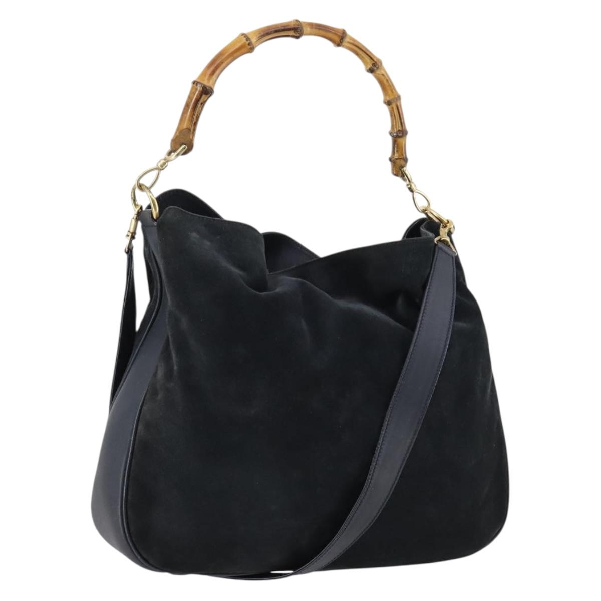 GUCCI Bamboo Shoulder Bag Suede 2way Black Gold 001 1781 1577 Auth 141499