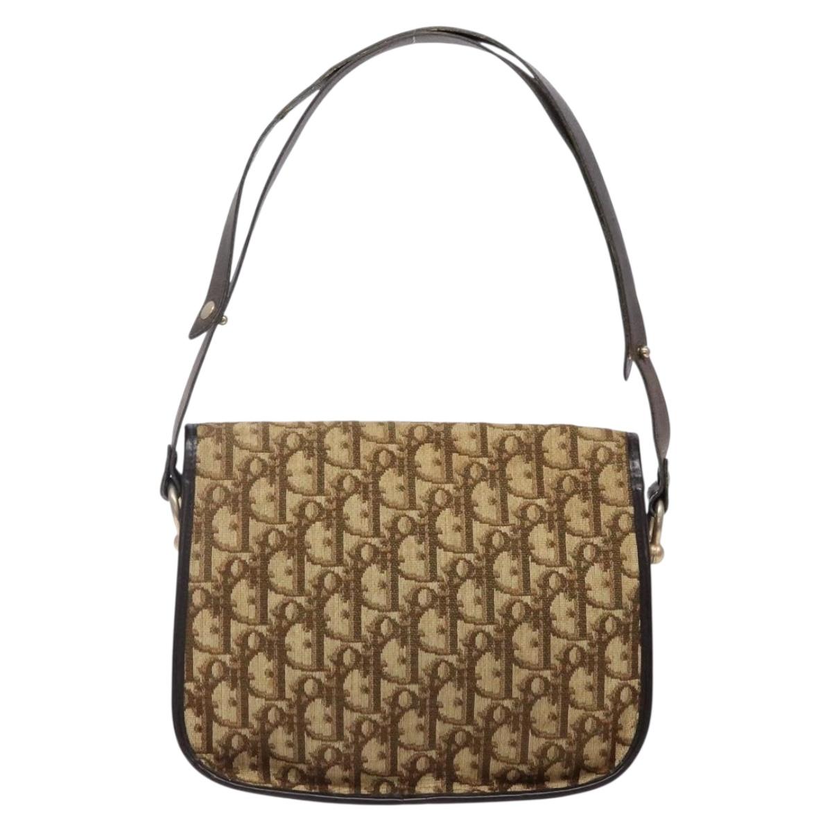 Christian Dior Trotter Canvas Shoulder Bag Brown Gold Auth 141500