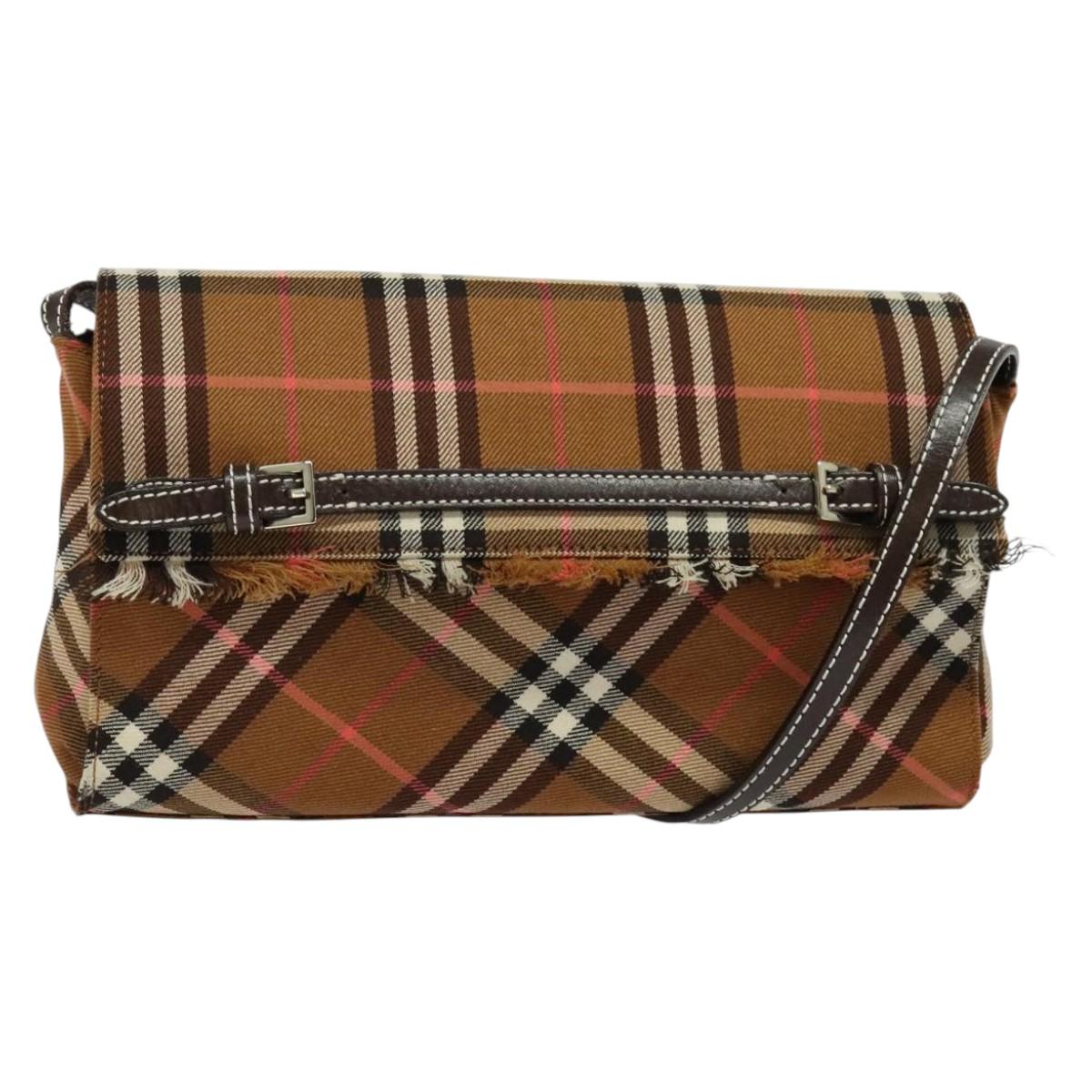 BURBERRY Nova Check Blue Label Shoulder Bag Canvas Brown Silver Auth 141511