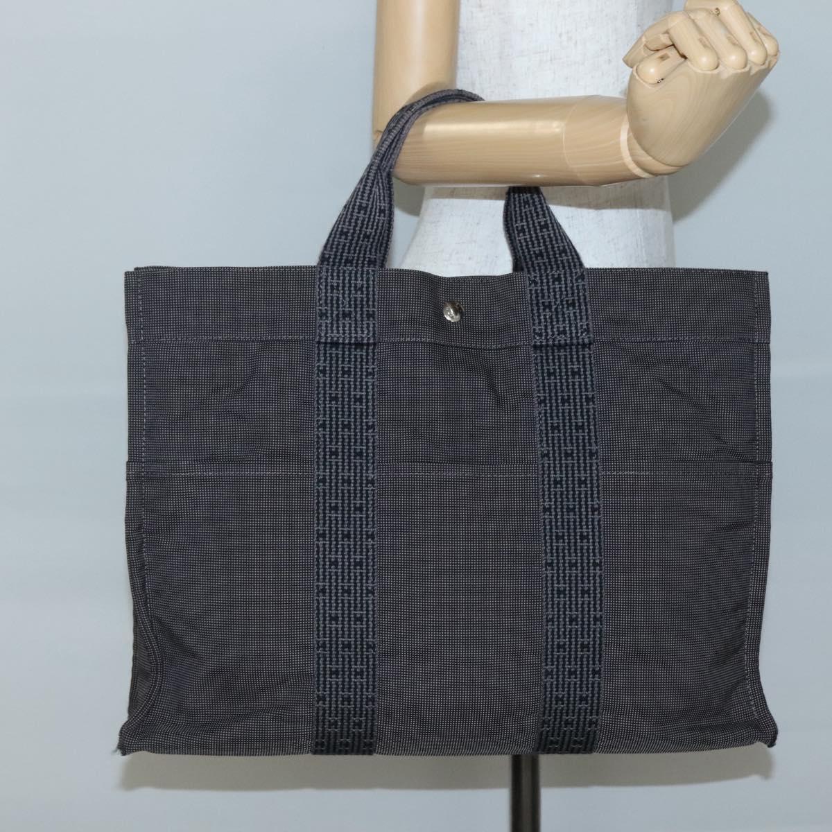 HERMES Her Line MM Hand Bag Canvas Gray Silver Auth 141513