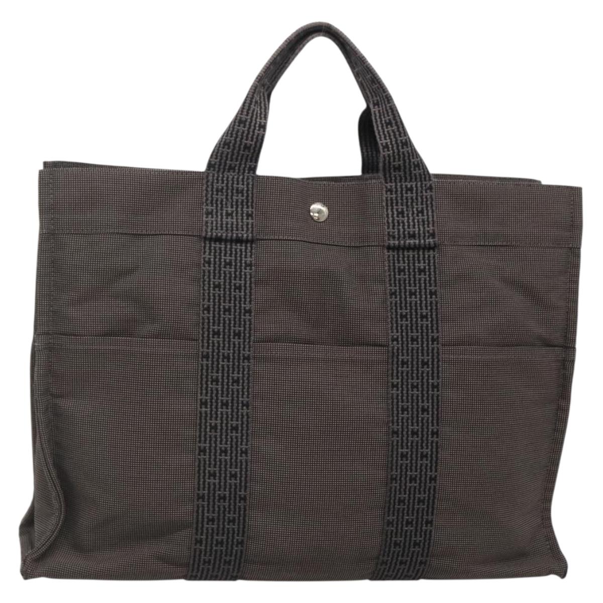 HERMES Her Line MM Hand Bag Canvas Gray Silver Auth 141513