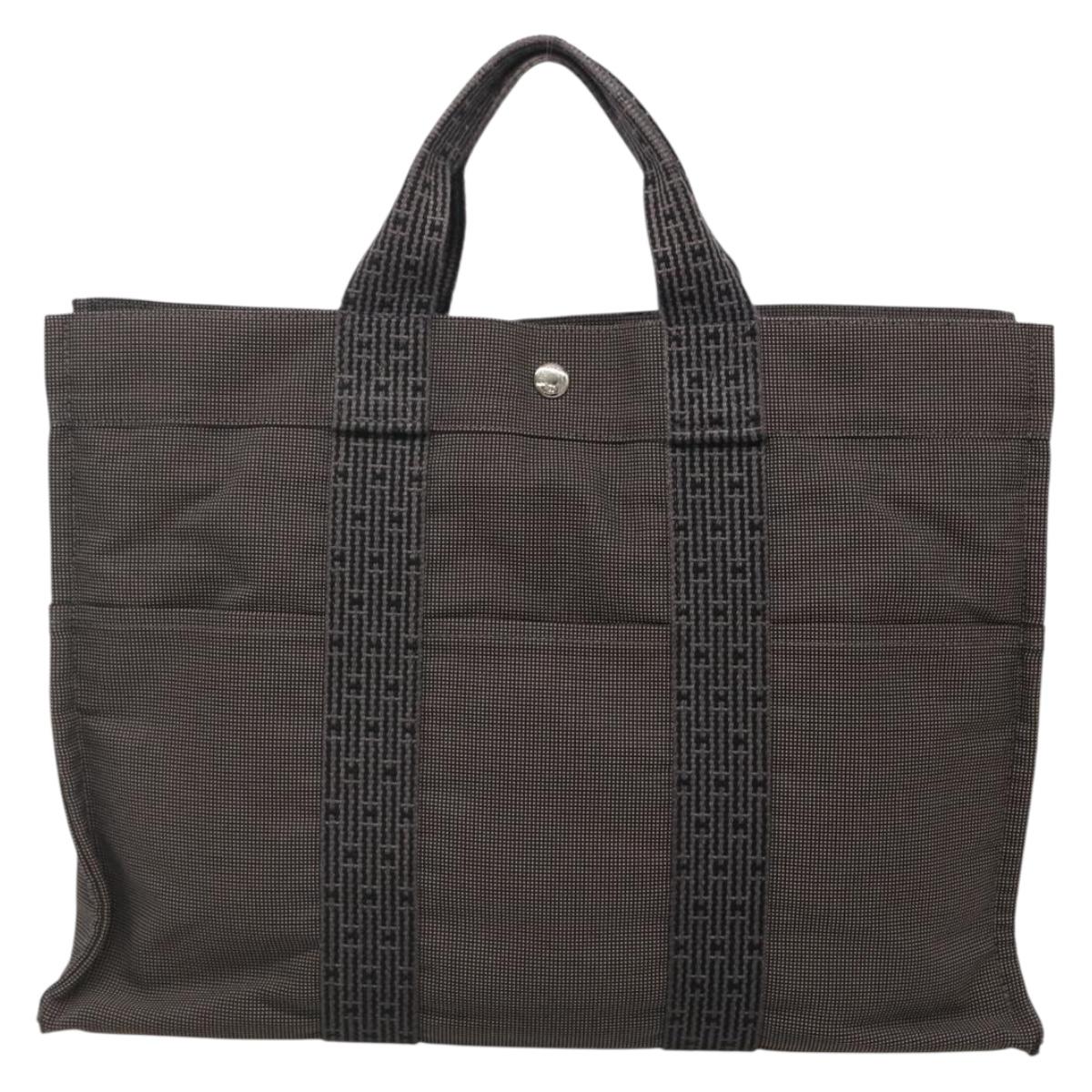HERMES Her Line MM Hand Bag Canvas Gray Silver Auth 141513