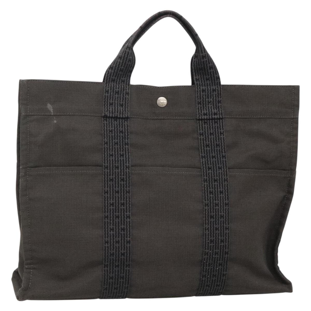 HERMES Her Line MM Hand Bag Canvas Gray Silver Auth 141514