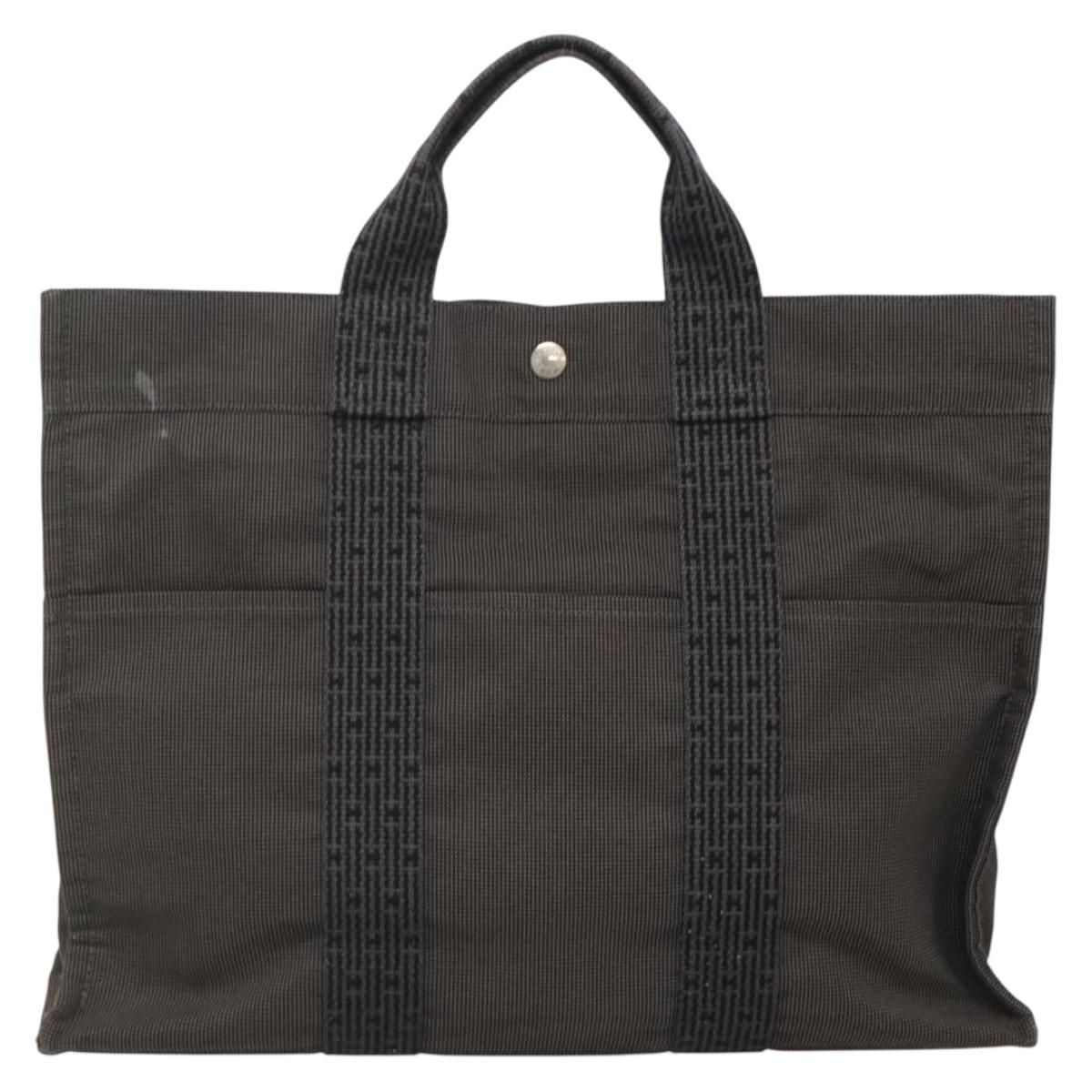 HERMES Her Line MM Hand Bag Canvas Gray Silver Auth 141514