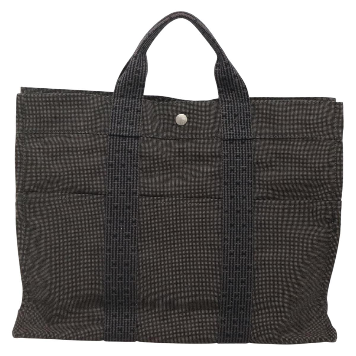 HERMES Her Line MM Hand Bag Canvas Gray Silver Auth 141514