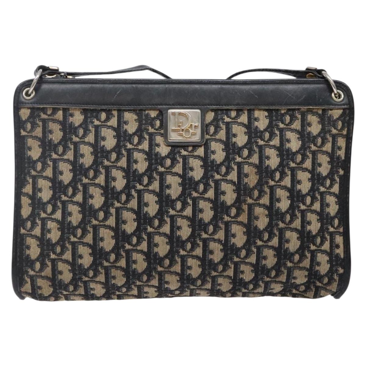 Christian Dior Trotter Canvas Shoulder Bag Navy Gold Auth 141525