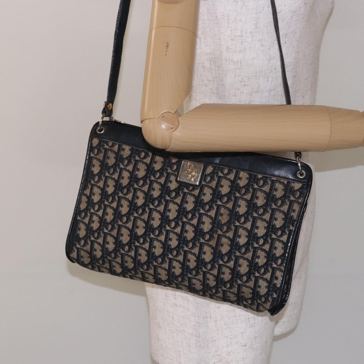 Christian Dior Trotter Canvas Shoulder Bag Navy Gold Auth 141525