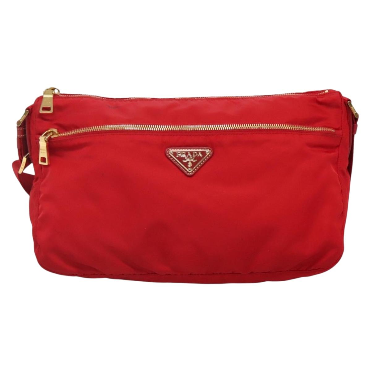 PRADA Shoulder Bag Nylon Red Gold Auth 141529