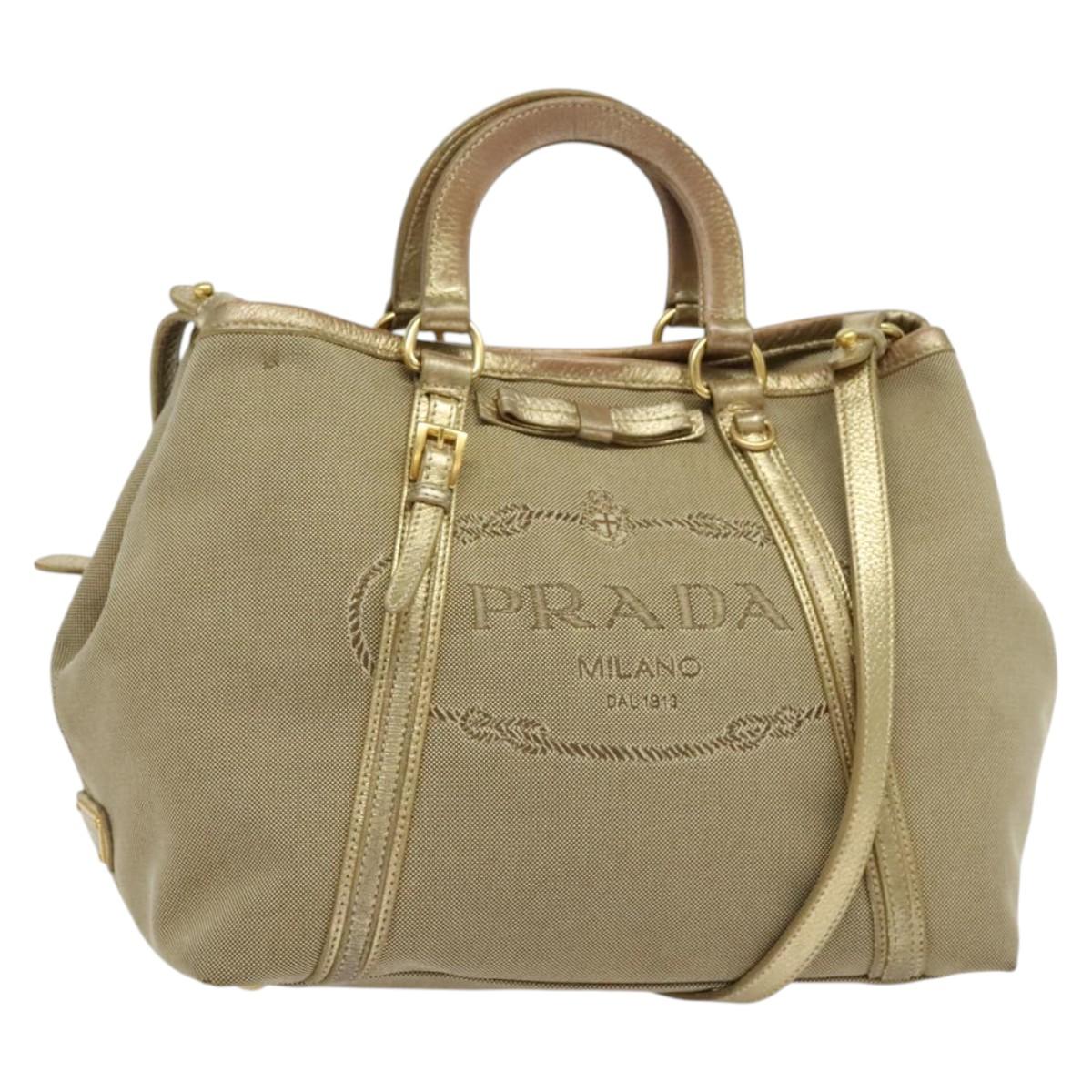 PRADA Logo jacquard Hand Bag Canvas 2way Beige Gold Auth 141533