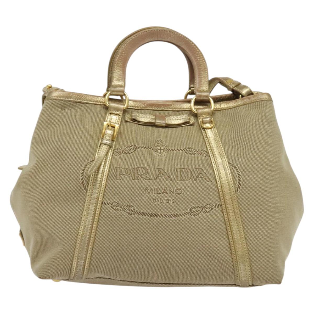 PRADA Logo jacquard Hand Bag Canvas 2way Beige Gold Auth 141533