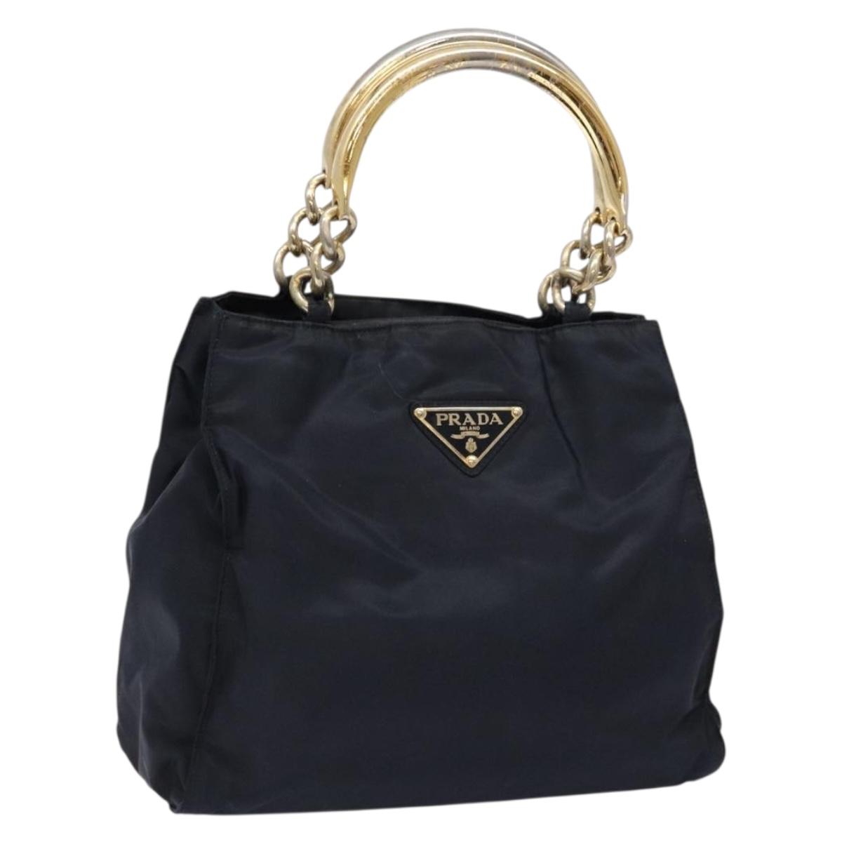 PRADA Hand Bag Nylon Navy Gold Auth 141629