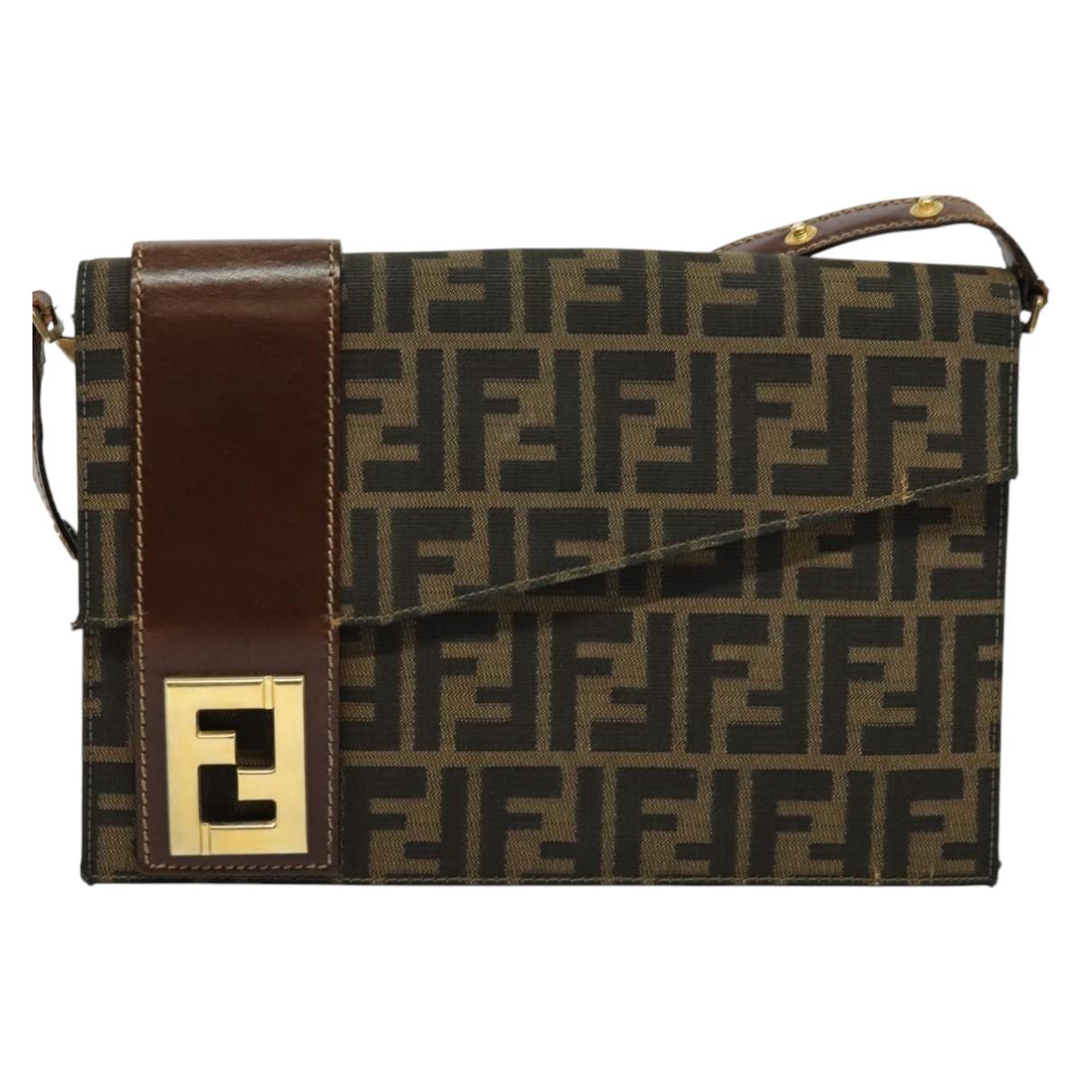 FENDI Zucca Canvas Shoulder Bag Black Brown gold Auth 141634