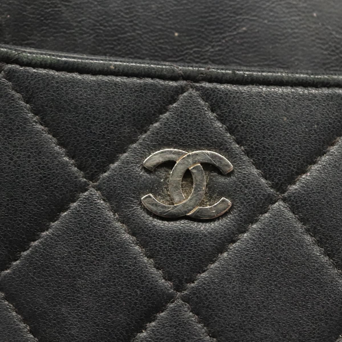 CHANEL Matelasse iPad Case Lamb Skin Black Silver CC Auth 141696