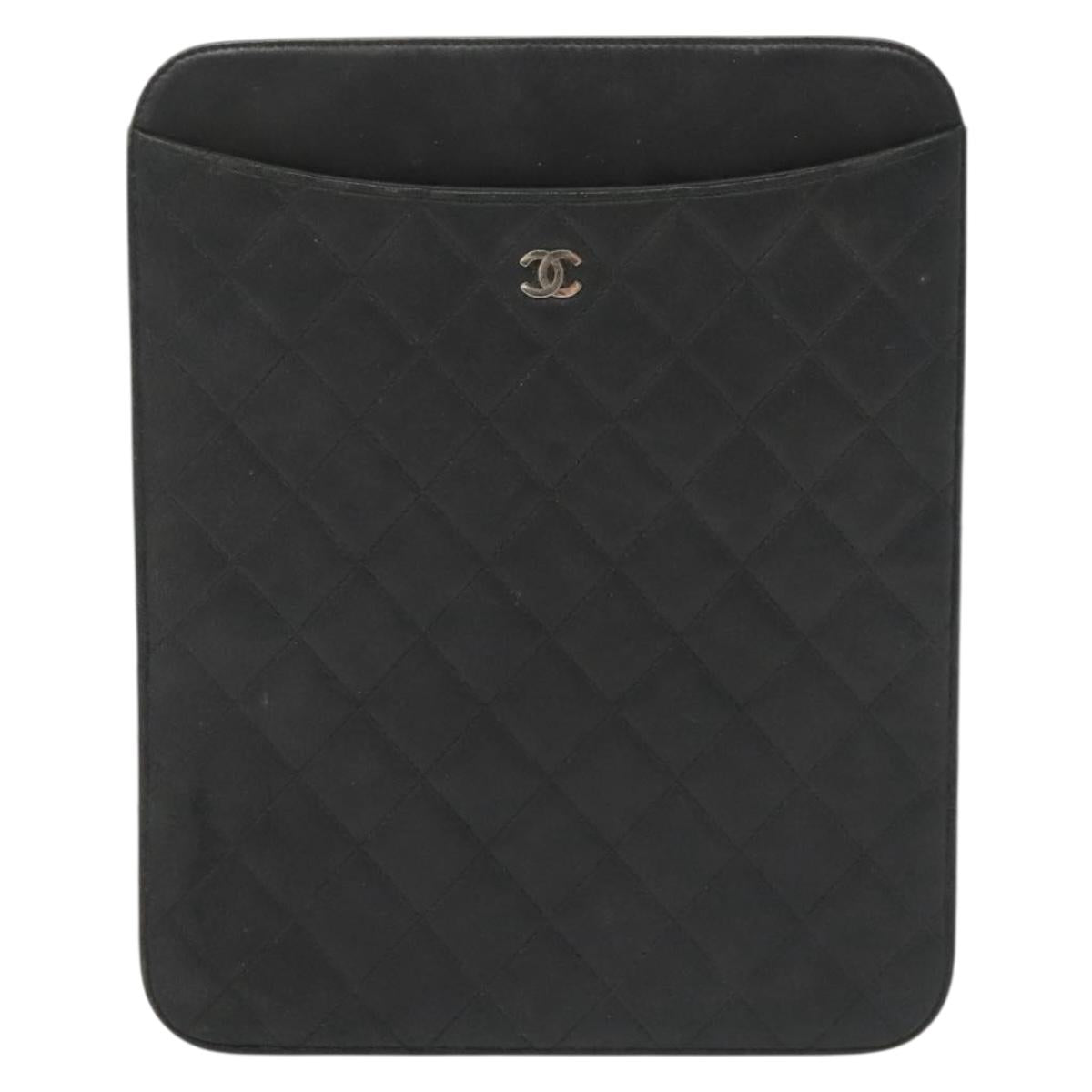 CHANEL Matelasse iPad Case Lamb Skin Black Silver CC Auth 141696