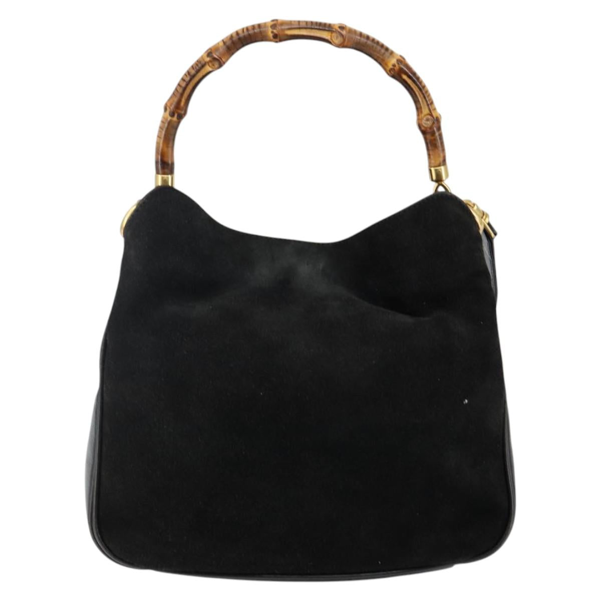 GUCCI Hand Bag Suede Leather 2way Black Gold 001 1732 1638 Auth 141717