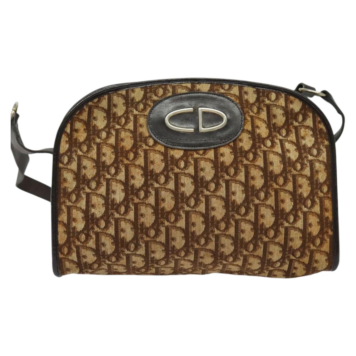 Christian Dior Trotter Canvas Shoulder Bag Brown Gold Auth 141785
