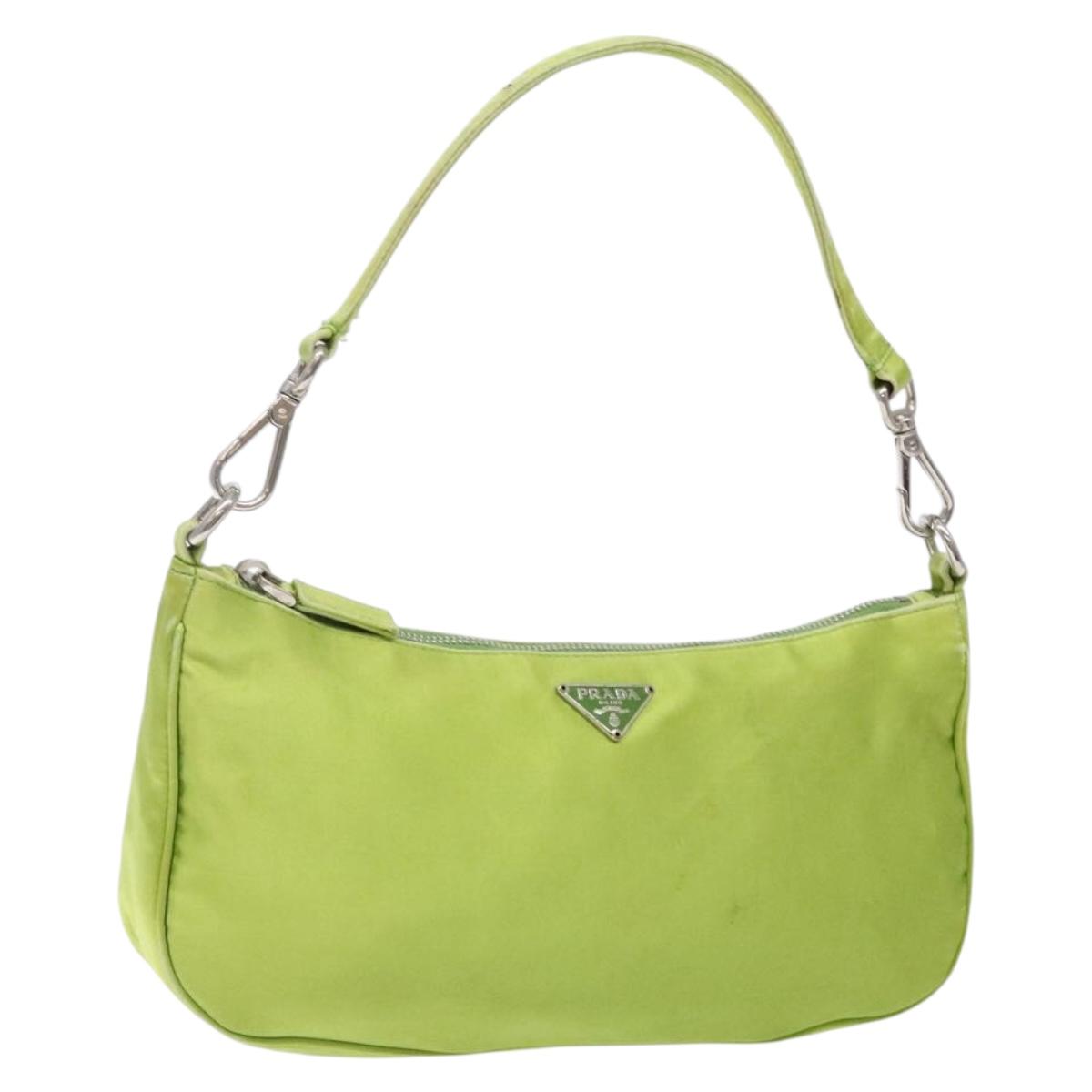 PRADA Accessory Pouch Satin Silver Light green Auth 141804