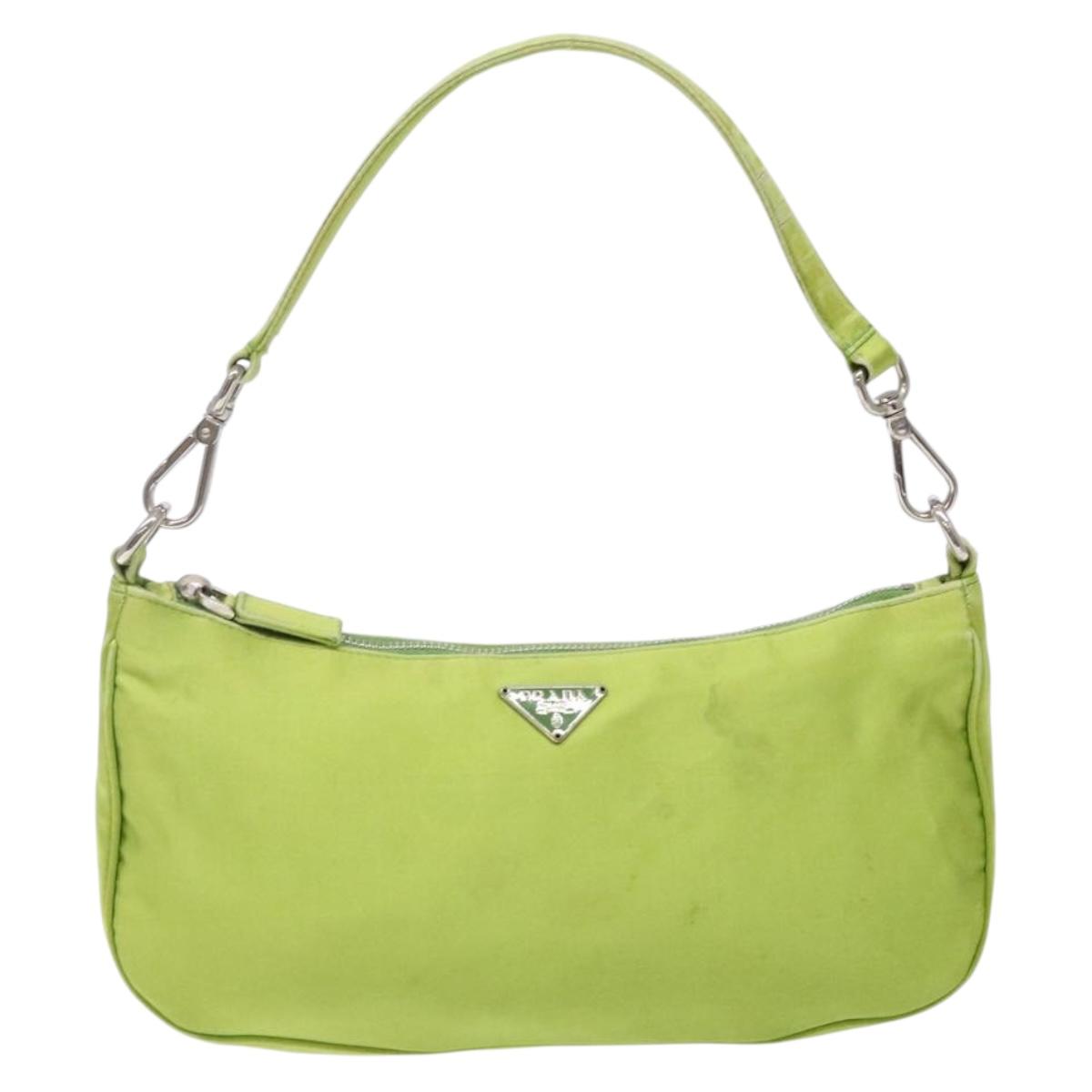 PRADA Accessory Pouch Satin Silver Light green Auth 141804