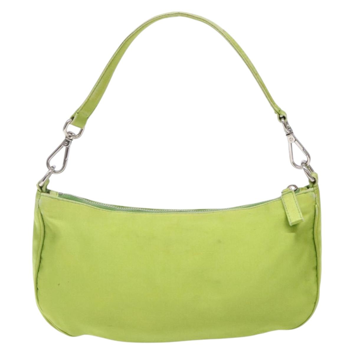 PRADA Accessory Pouch Satin Silver Light green Auth 141804