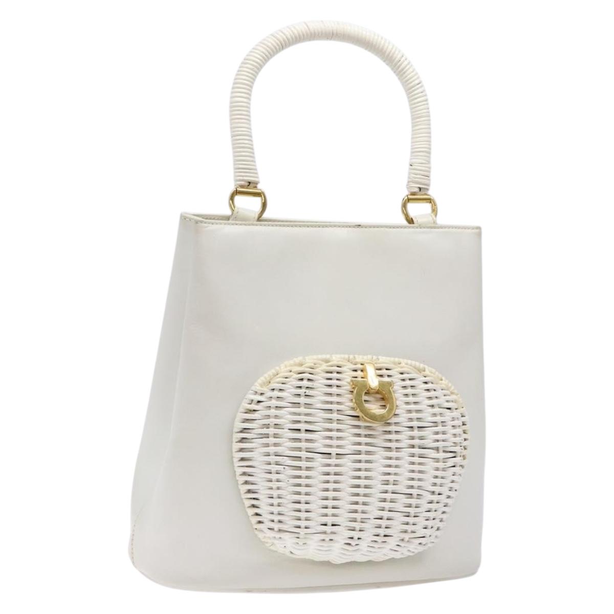 Salvatore Ferragamo Gancini Hand Bag Rattan White Gold Auth 141821