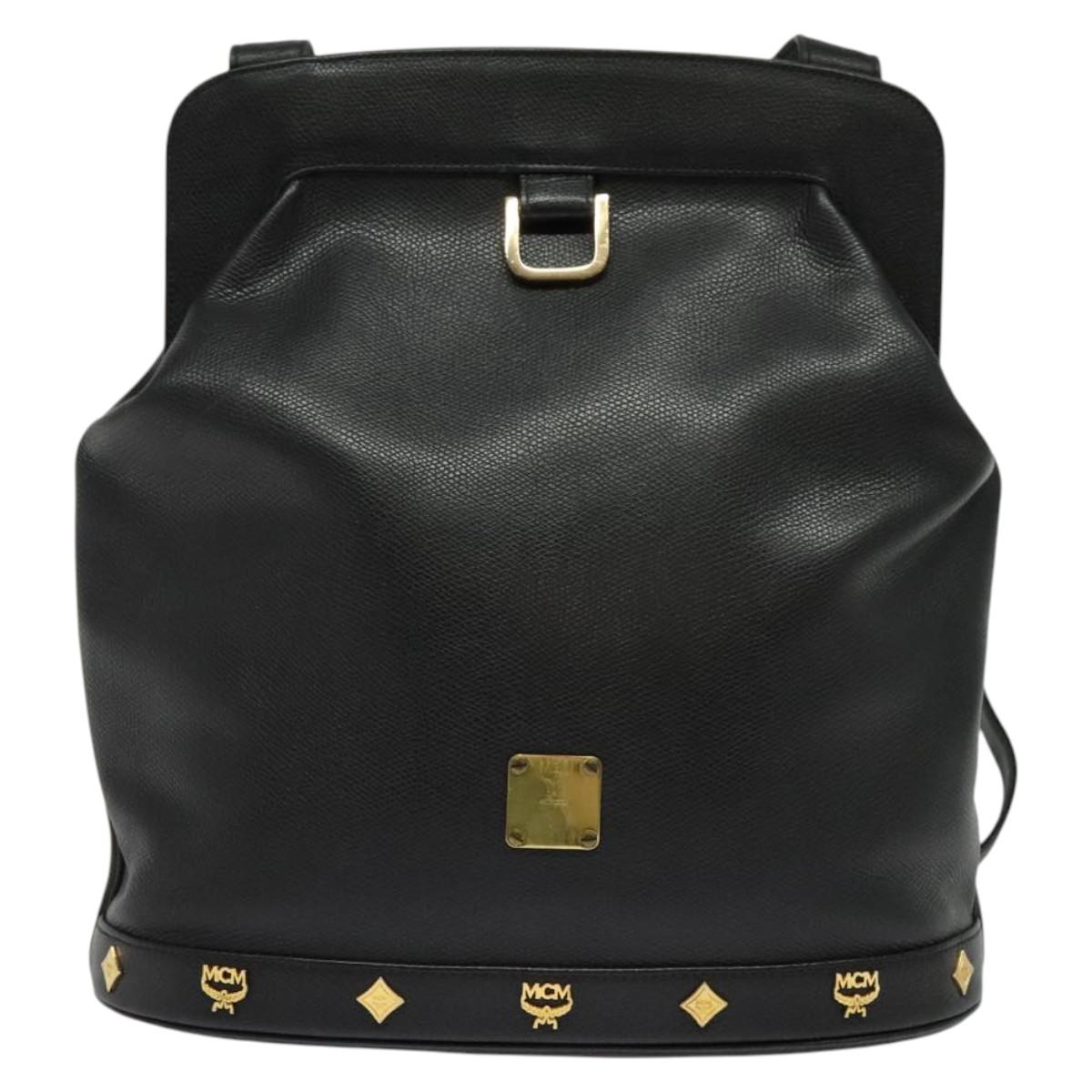 MCM Studs Shoulder Bag Leather Black Gold Auth 141865