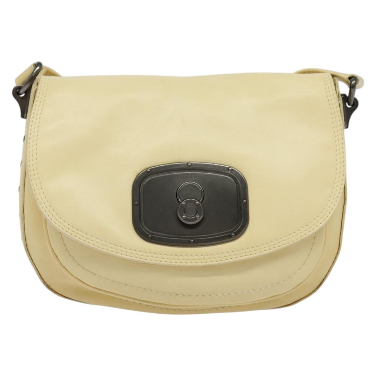 CELINE Studs Shoulder Bag Leather Cream Auth 141874