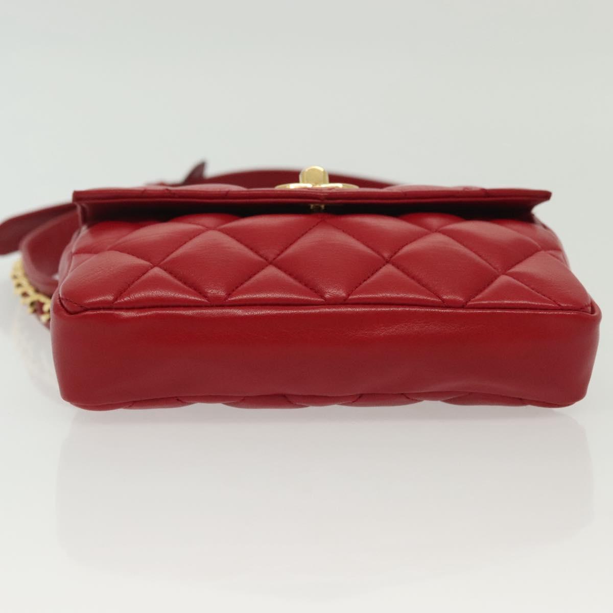 CHANEL Waist Bag Lamb Skin Red Gold CC Auth 141904