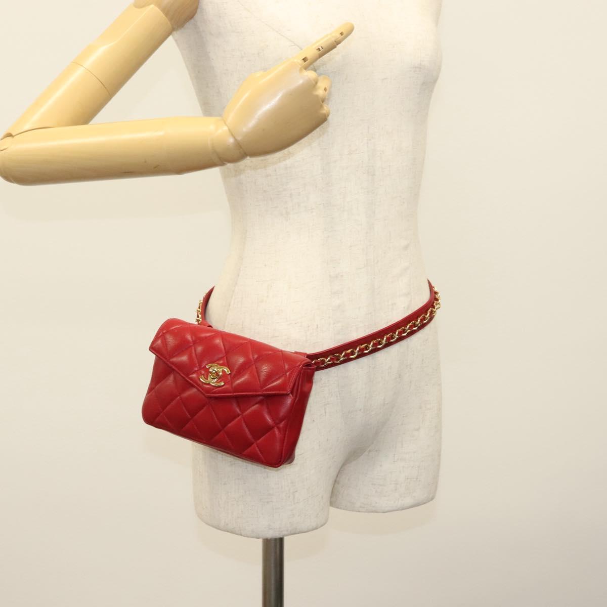 CHANEL Waist Bag Lamb Skin Red Gold CC Auth 141904