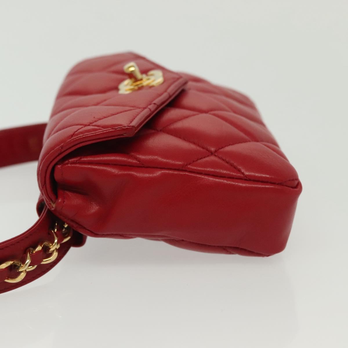 CHANEL Waist Bag Lamb Skin Red Gold CC Auth 141904