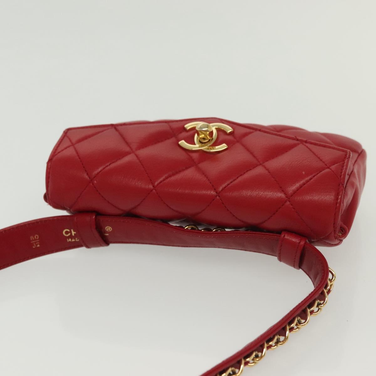 CHANEL Waist Bag Lamb Skin Red Gold CC Auth 141904