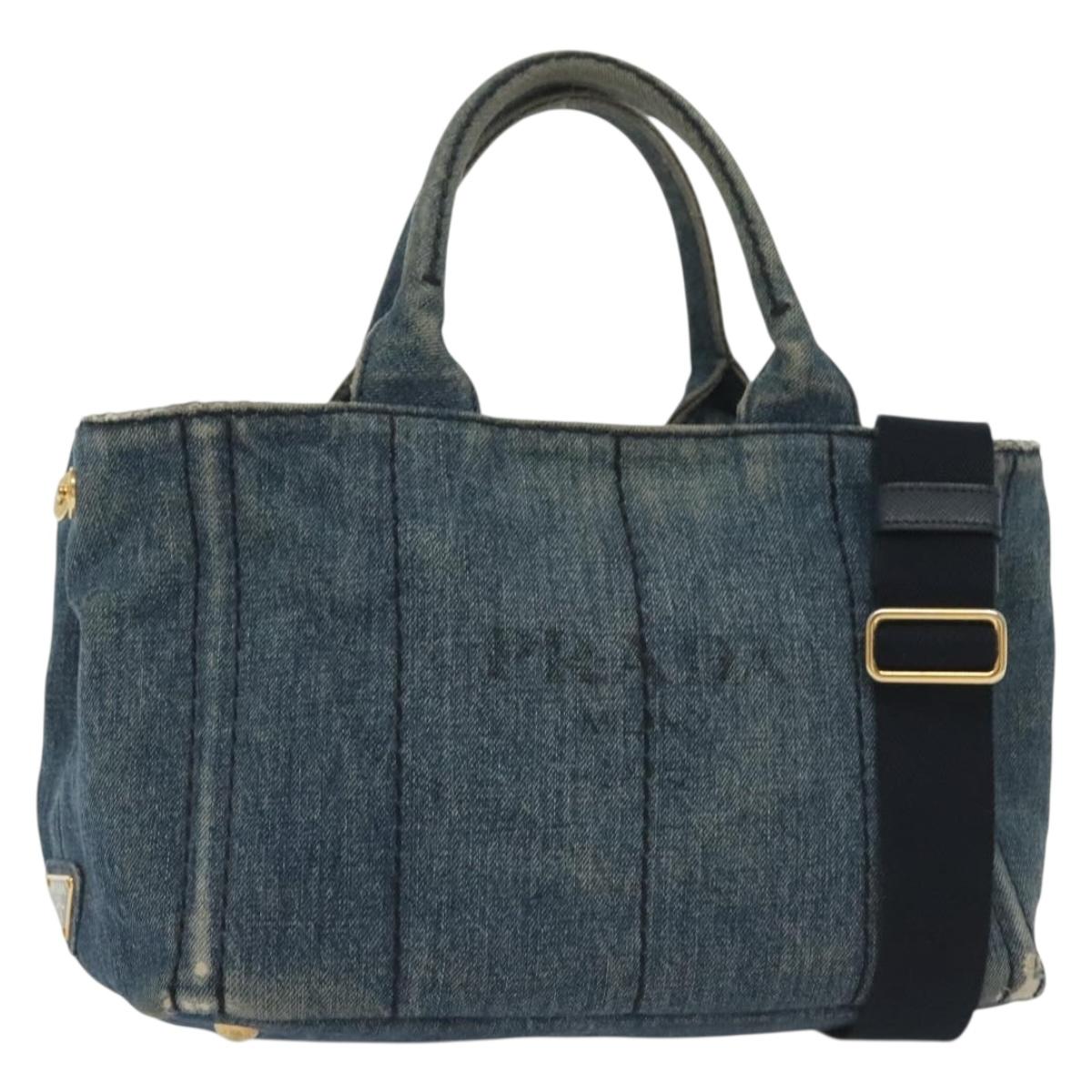 PRADA Canapa PM Hand Bag Denim 2way Blue Gold Auth 141917