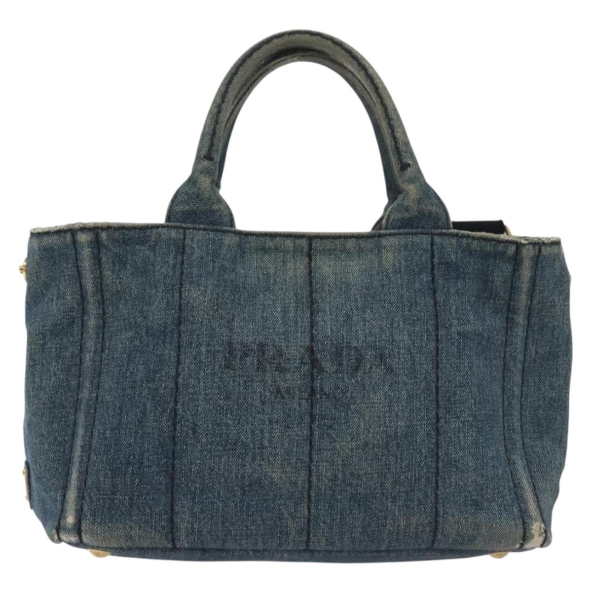 PRADA Canapa PM Hand Bag Denim 2way Blue Gold Auth 141917