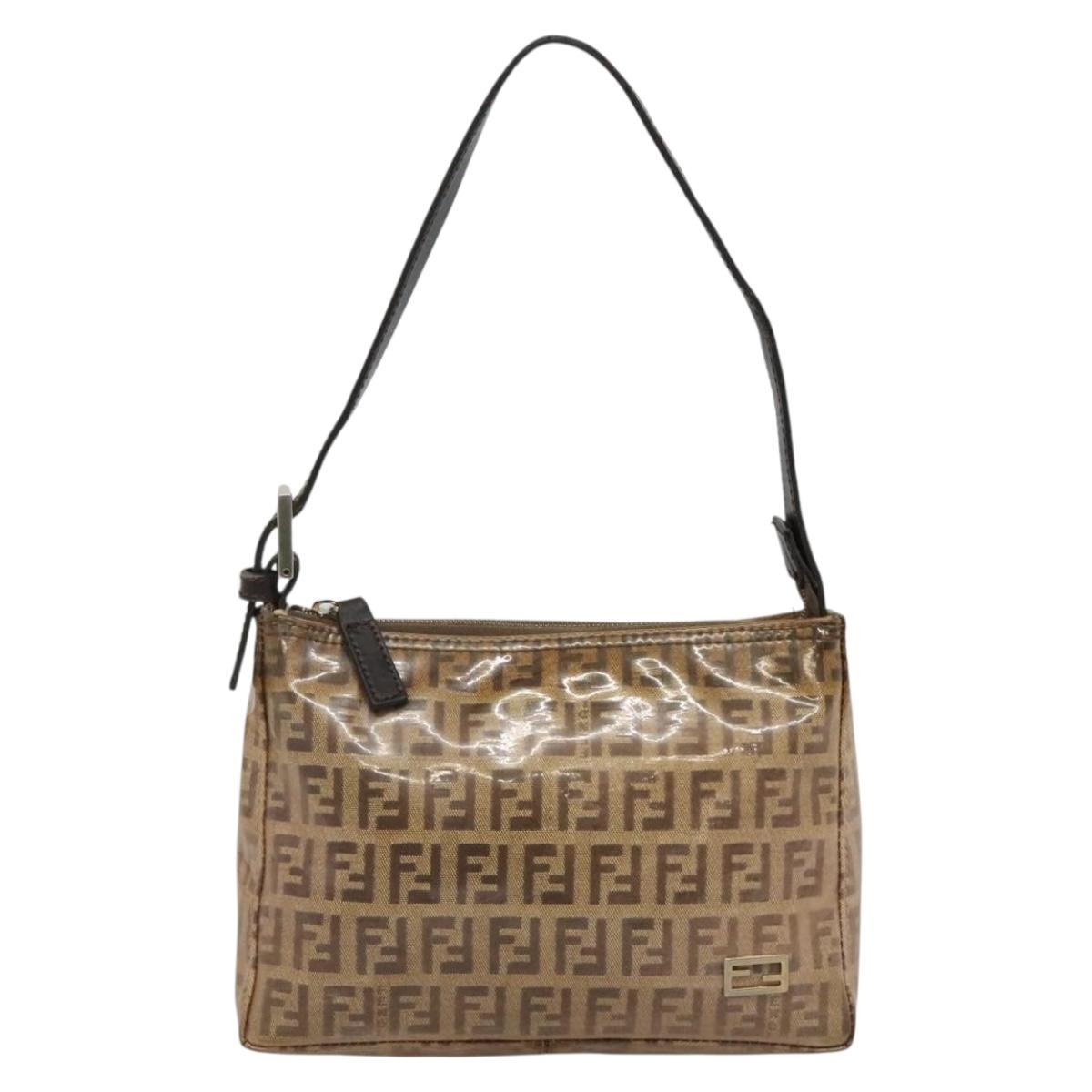 FENDI Zucchino Canvas Accessory Pouch Enamel Brown Gold Auth 141994