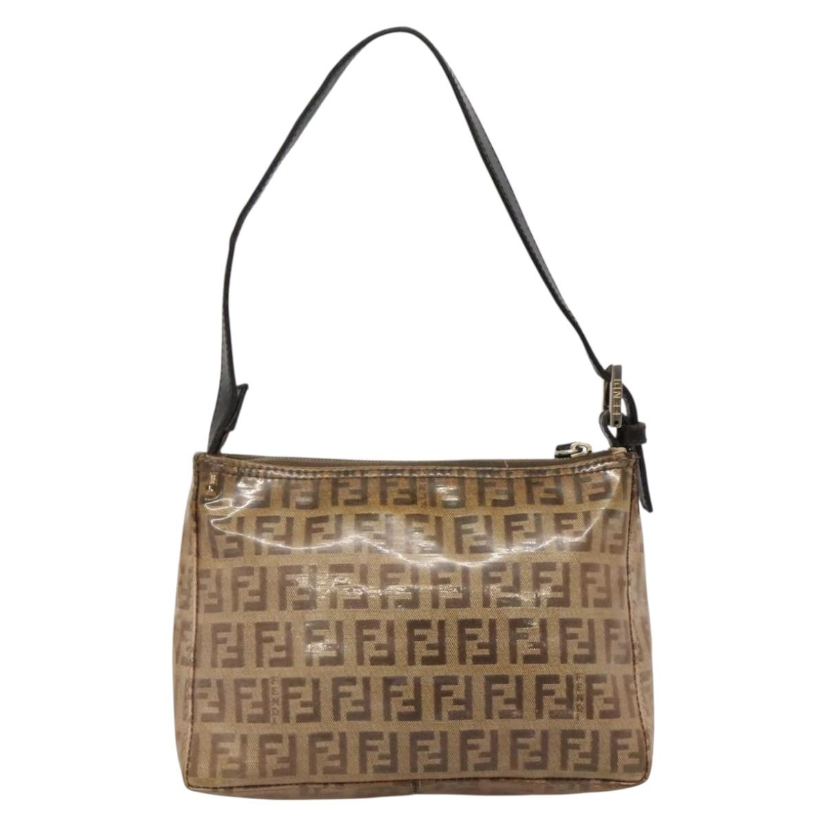 FENDI Zucchino Canvas Accessory Pouch Enamel Brown Gold Auth 141994