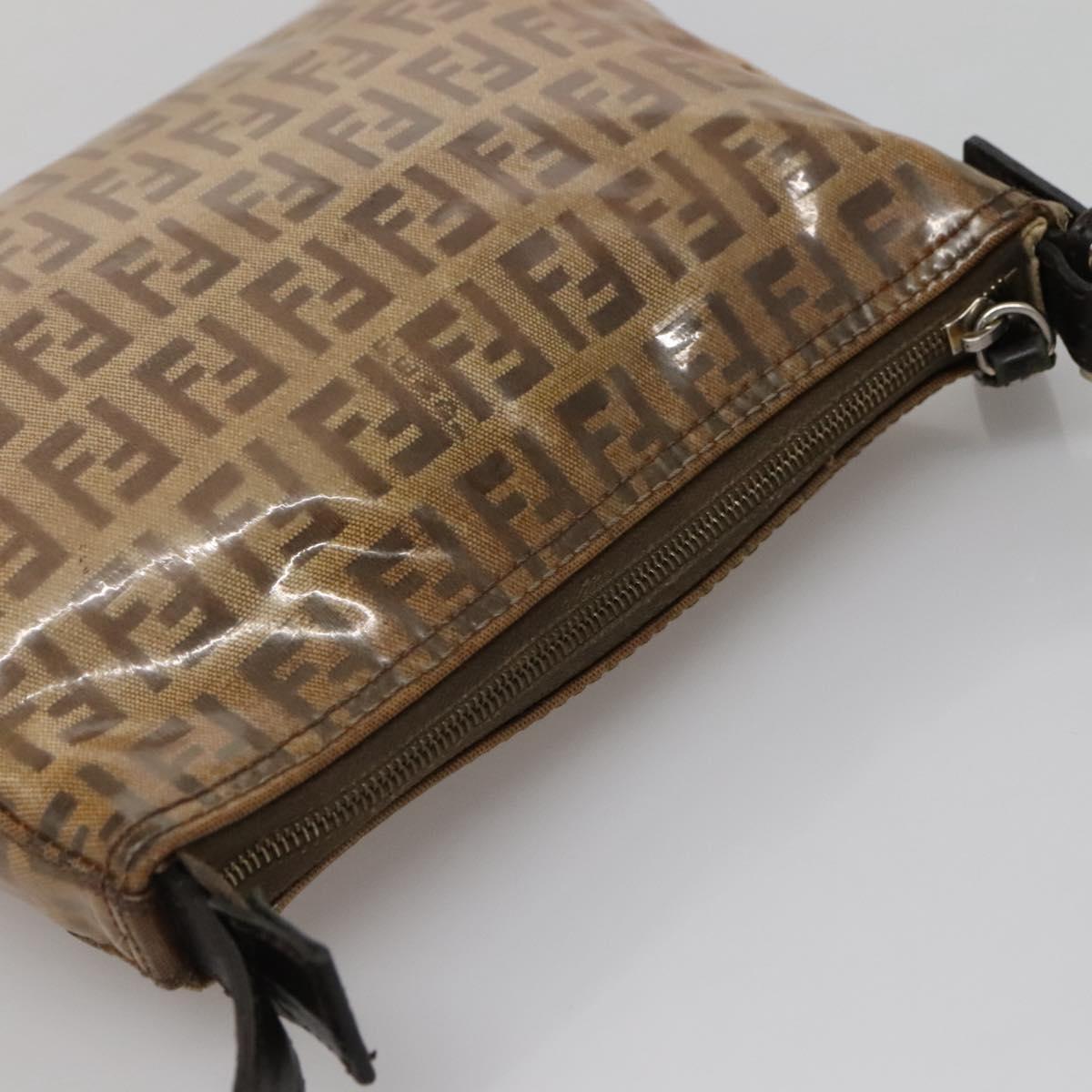 FENDI Zucchino Canvas Accessory Pouch Enamel Brown Gold Auth 141994