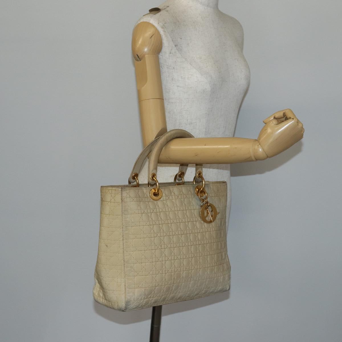 Christian Dior Canage Lady Dior Hand Bag Nylon Beige Gold Auth 142012