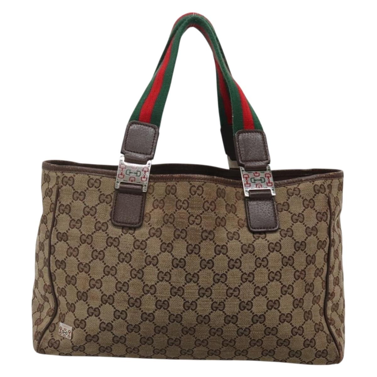 GUCCI GG Canvas Web Sherry Line Tote Bag Beige Silver 145758 Auth 142027