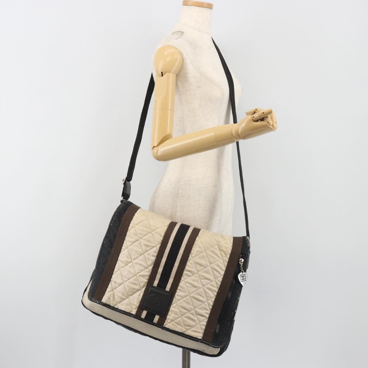 CHANEL Sports Matelasse Shoulder Bag Canvas White Silver CC Auth 142035