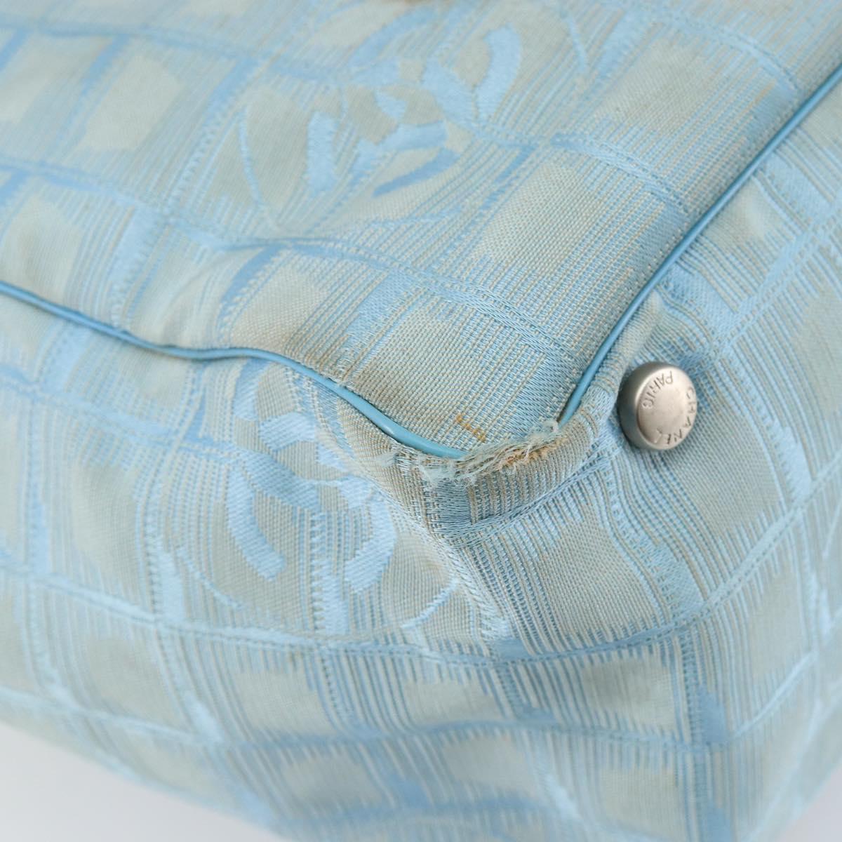 CHANEL New Travel Line Tote Bag Nylon Light Blue Silver CC Auth 142077