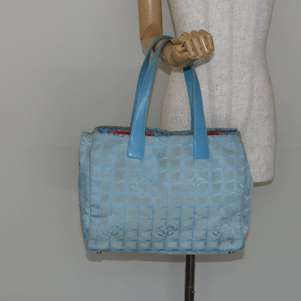 CHANEL New Travel Line Tote Bag Nylon Light Blue Silver CC Auth 142077