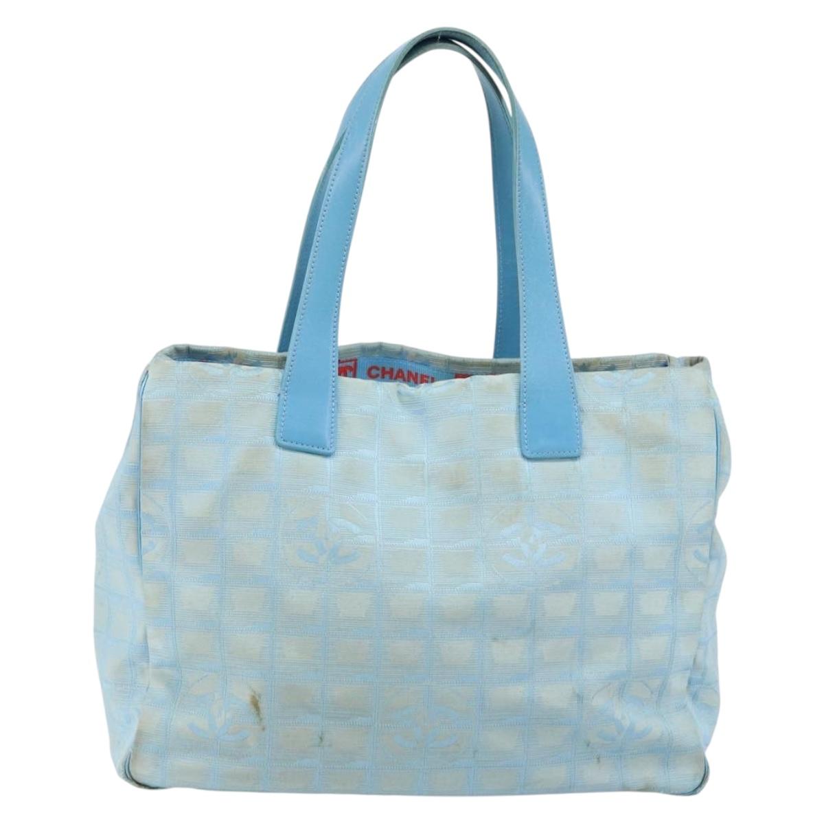 CHANEL New Travel Line Tote Bag Nylon Light Blue Silver CC Auth 142077