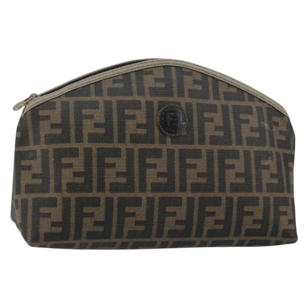 FENDI Zucca Canvas Pouch PVC Vintage Brown Black gold Auth 142080