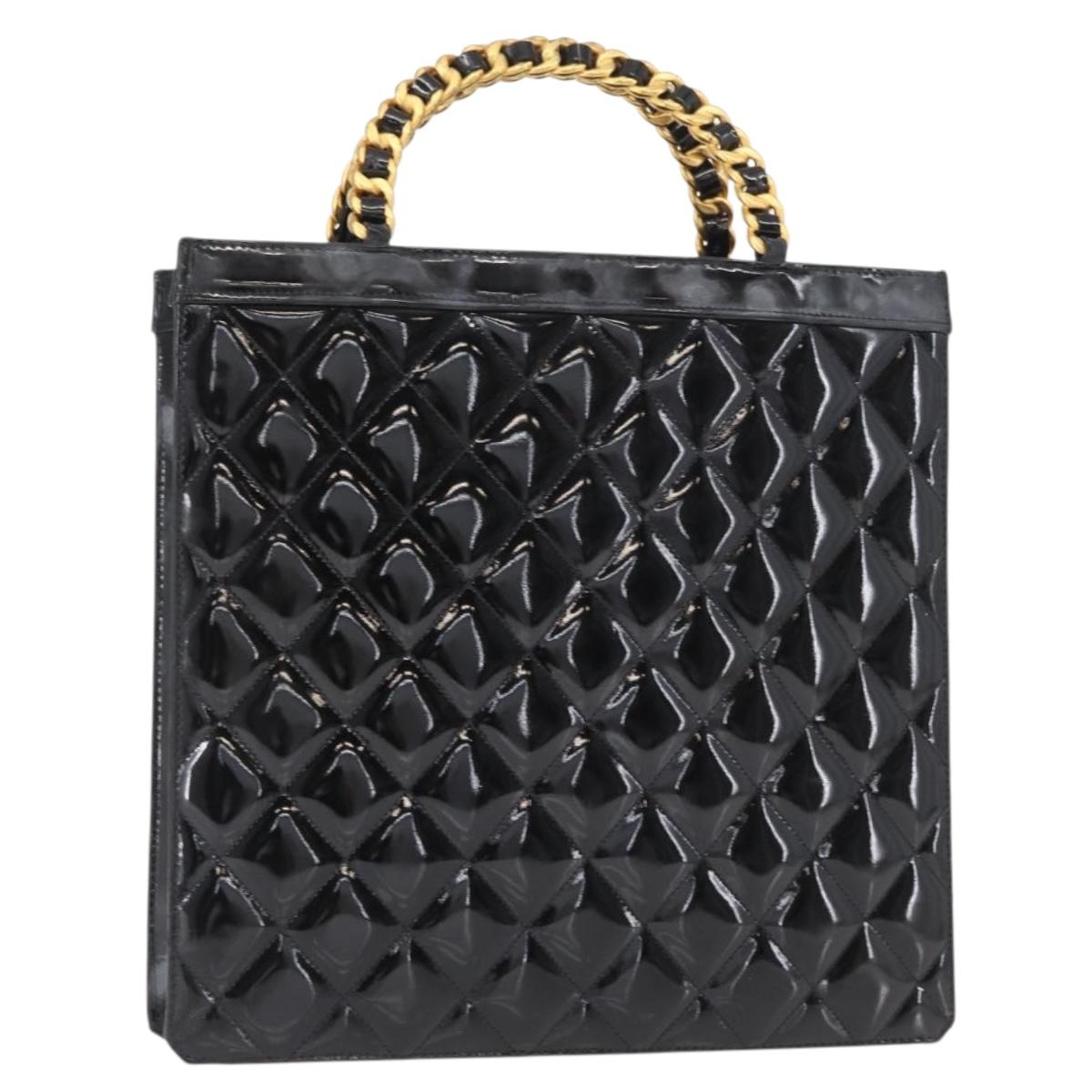 CHANEL Matelasse Chain Hand Bag Patent leather Black Gold CC Auth 142095